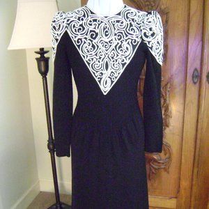 Vintage Pat Sandler Black Knit Sweater Dress with Decorative White Trim, size 4